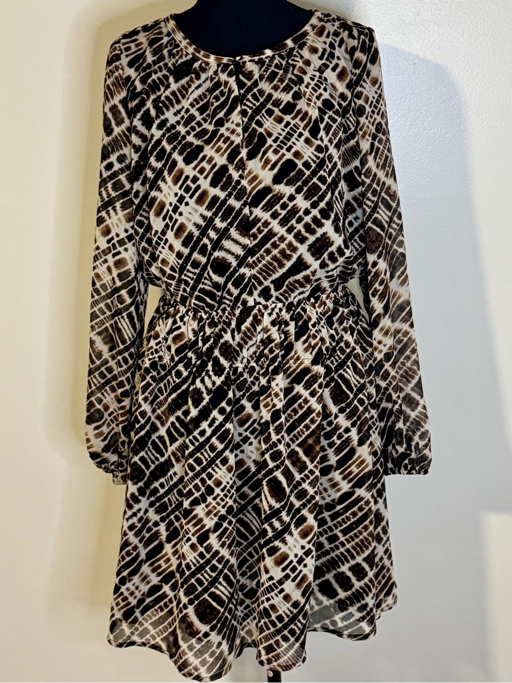Banana Republic Brown and Black Patterned Long-Sleeve Dress